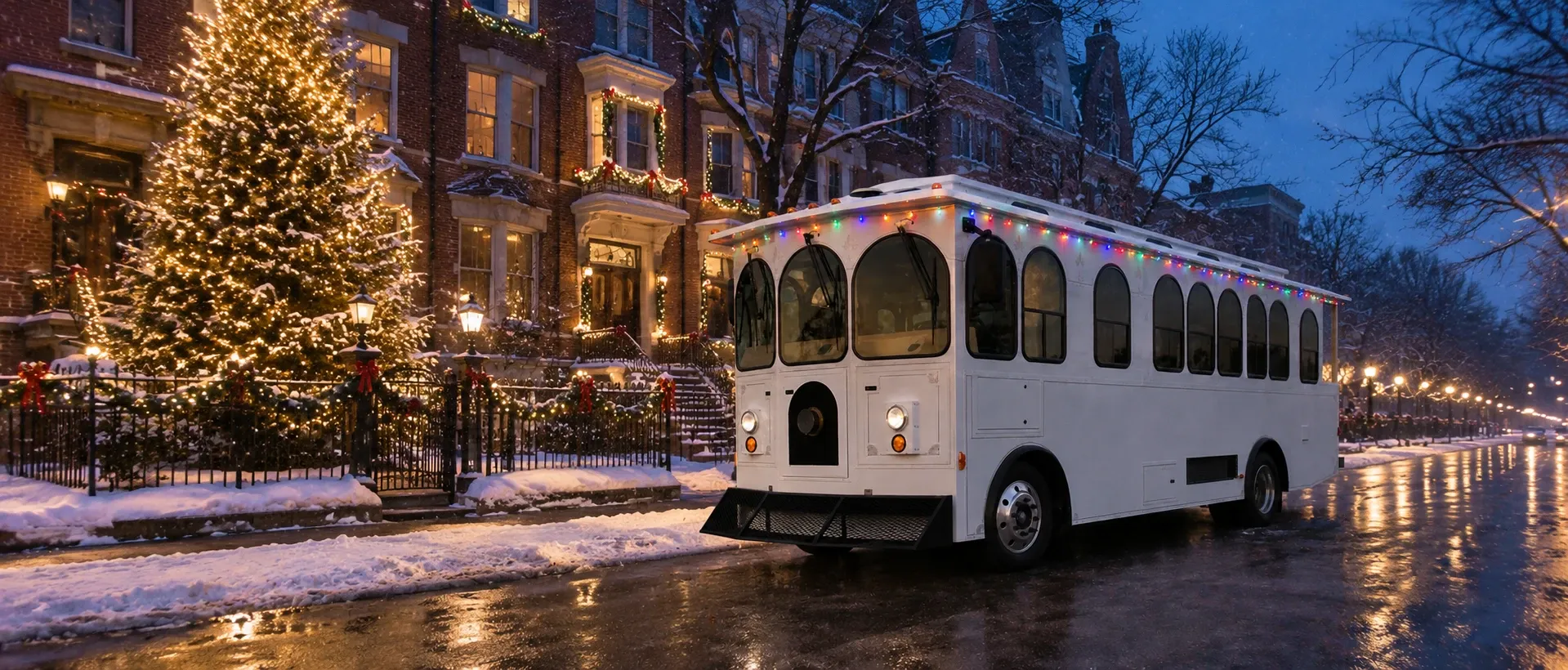 The white Christmas Trolley, trimmed in colored lights, parked on a snowy street beside a glowing Christmas tree at dusk.
