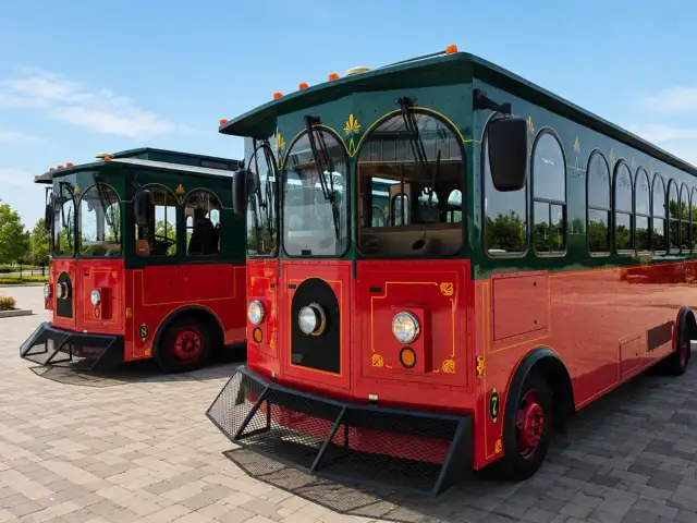 Two green-and-red festive trolleys parked side by side.