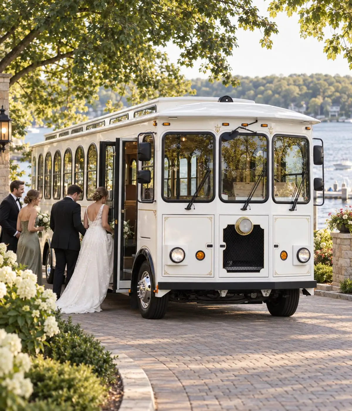 A bride, groom and guests boarding a white trolley on a paver drive beside Geneva Lake.