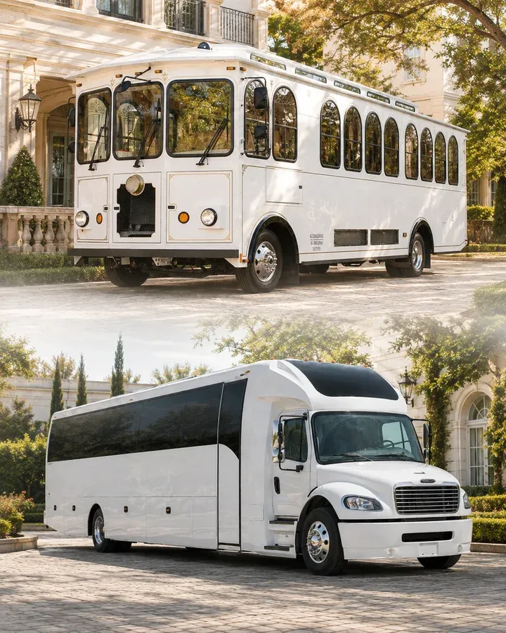 A white wedding trolley and coach pictured outside an elegant venue.