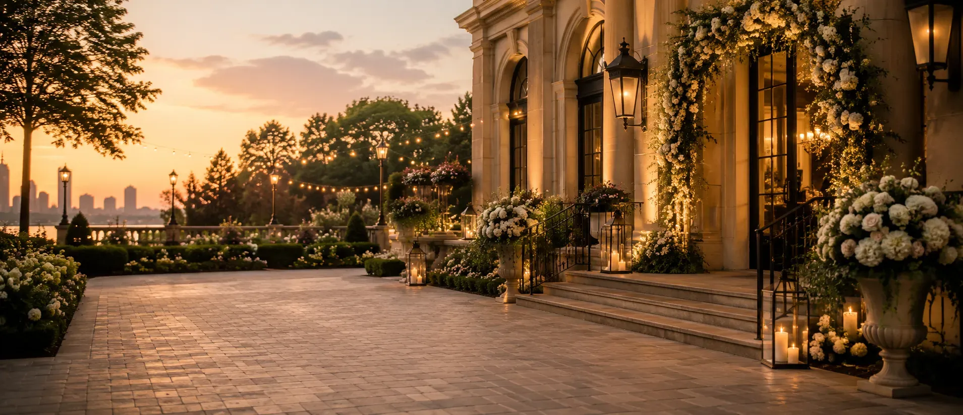 Flowers and lanterns frame a wedding venue entrance at sunset.